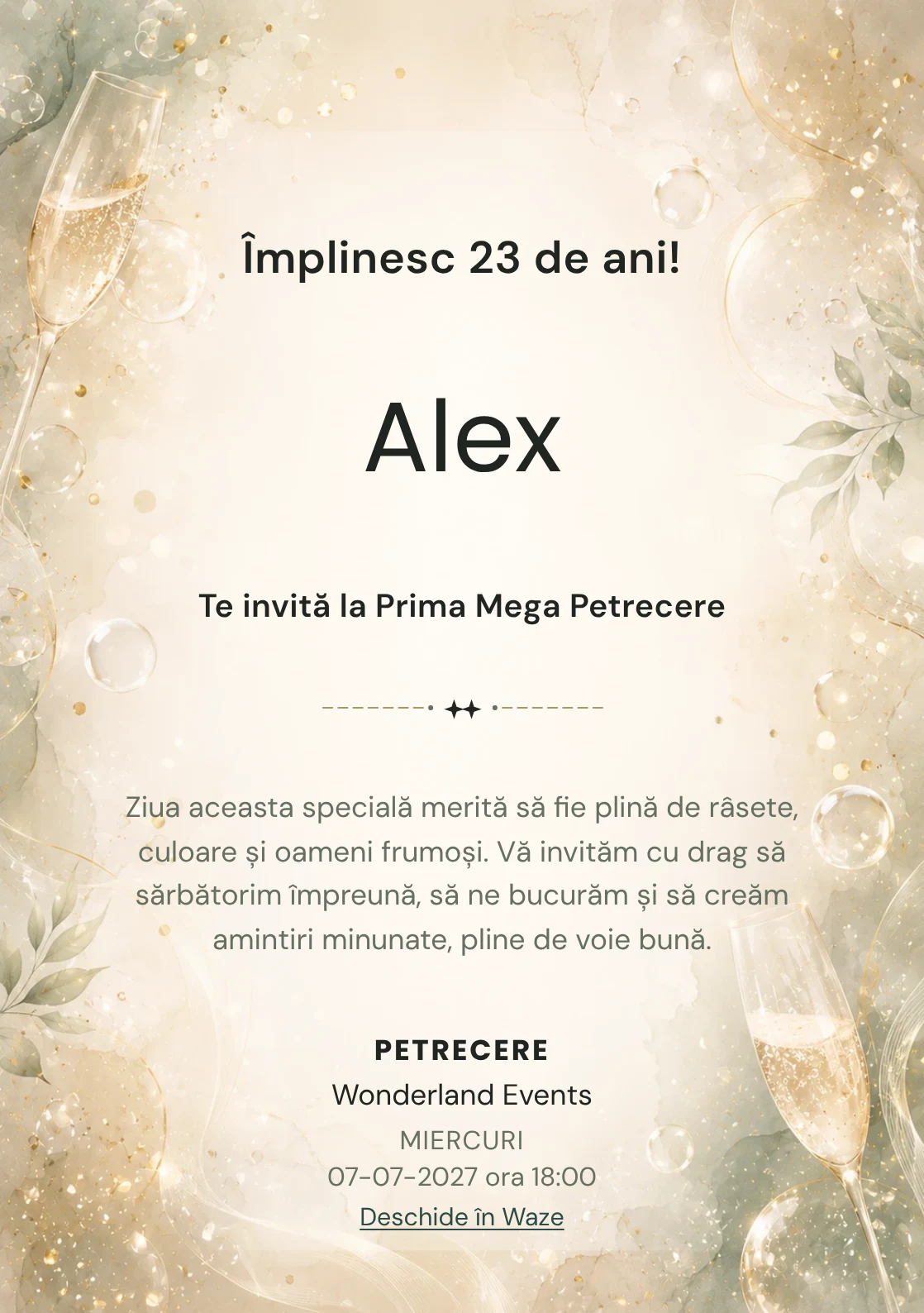 Invitație digitală aniversară Champagne Mood, fundal premium cu bule fine, glow premium și verde salvie pal