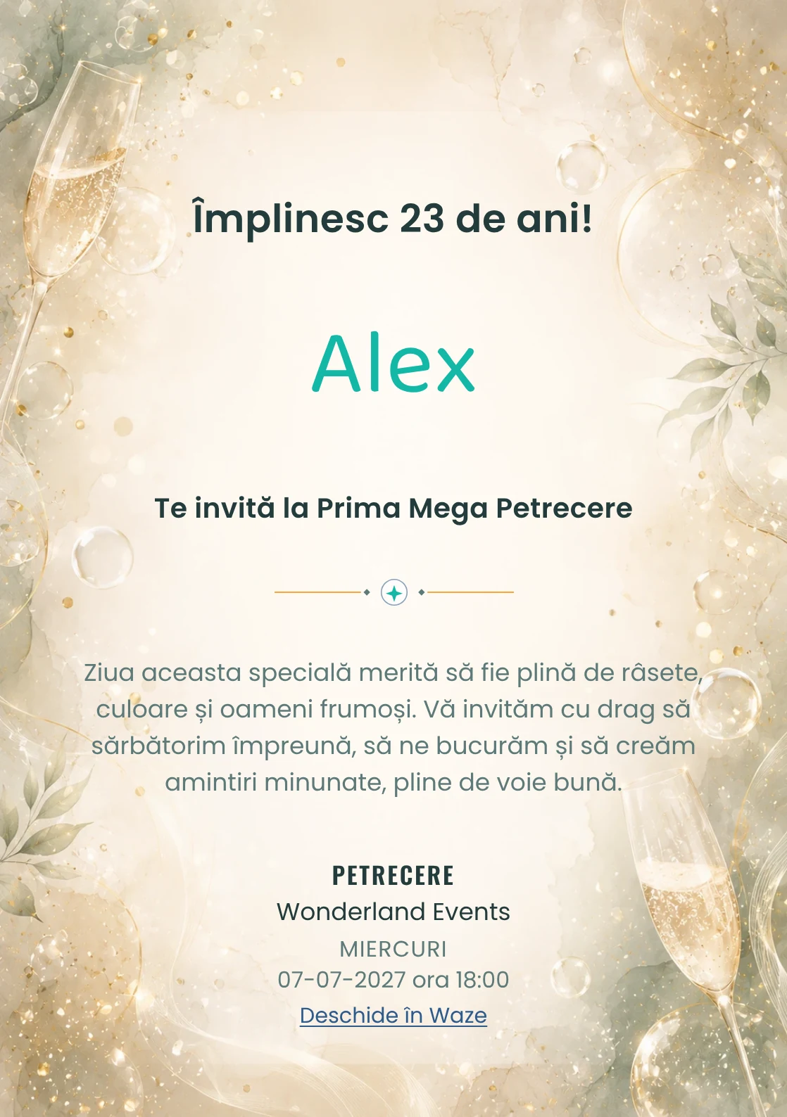 Invitație digitală aniversară Champagne Mood, fundal premium cu bule fine, glow premium și verde salvie pal