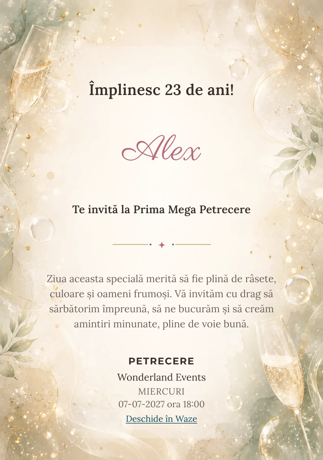 Invitație digitală aniversară Champagne Mood, fundal premium cu bule fine, glow premium și verde salvie pal