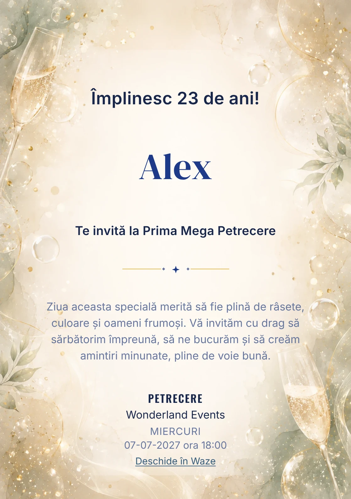 Invitație digitală aniversară Champagne Mood, fundal premium cu bule fine, glow premium și verde salvie pal
