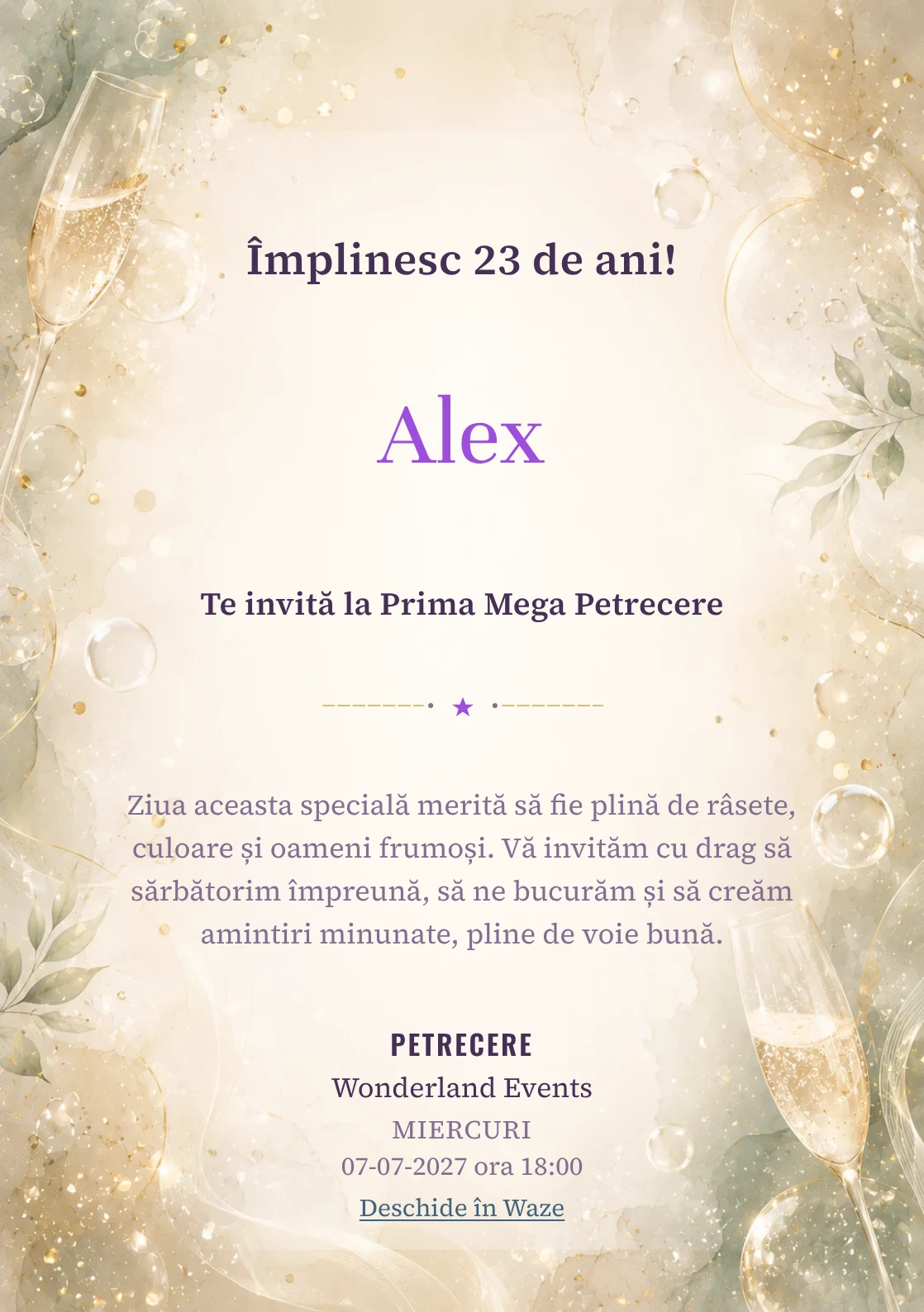 Invitație digitală aniversară Champagne Mood, fundal premium cu bule fine, glow premium și verde salvie pal