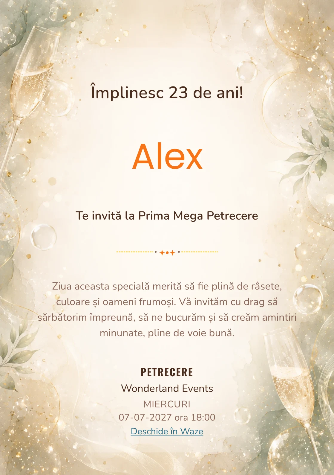 Invitație digitală aniversară Champagne Mood, fundal premium cu bule fine, glow premium și verde salvie pal