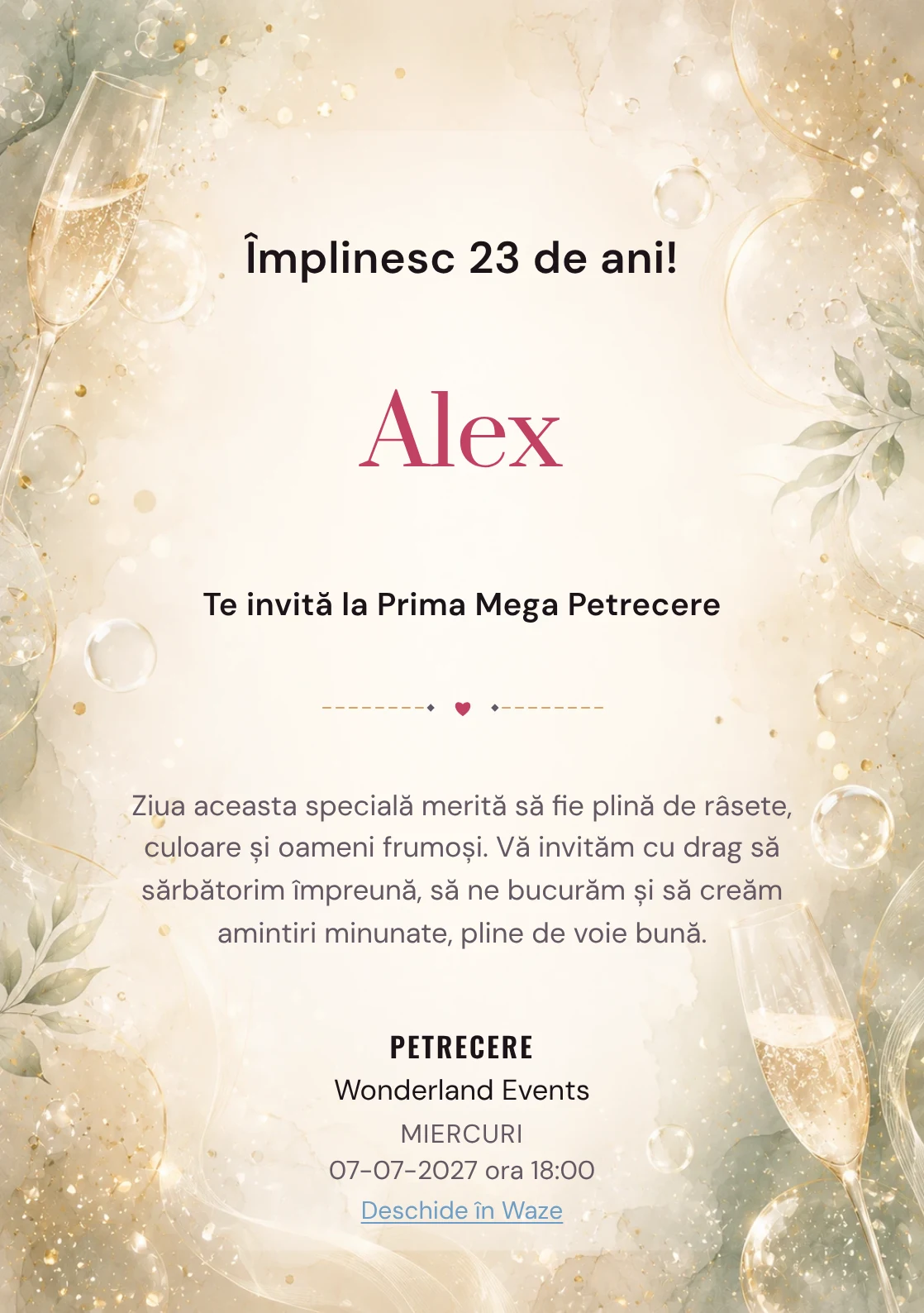 Invitație digitală aniversară Champagne Mood, fundal premium cu bule fine, glow premium și verde salvie pal