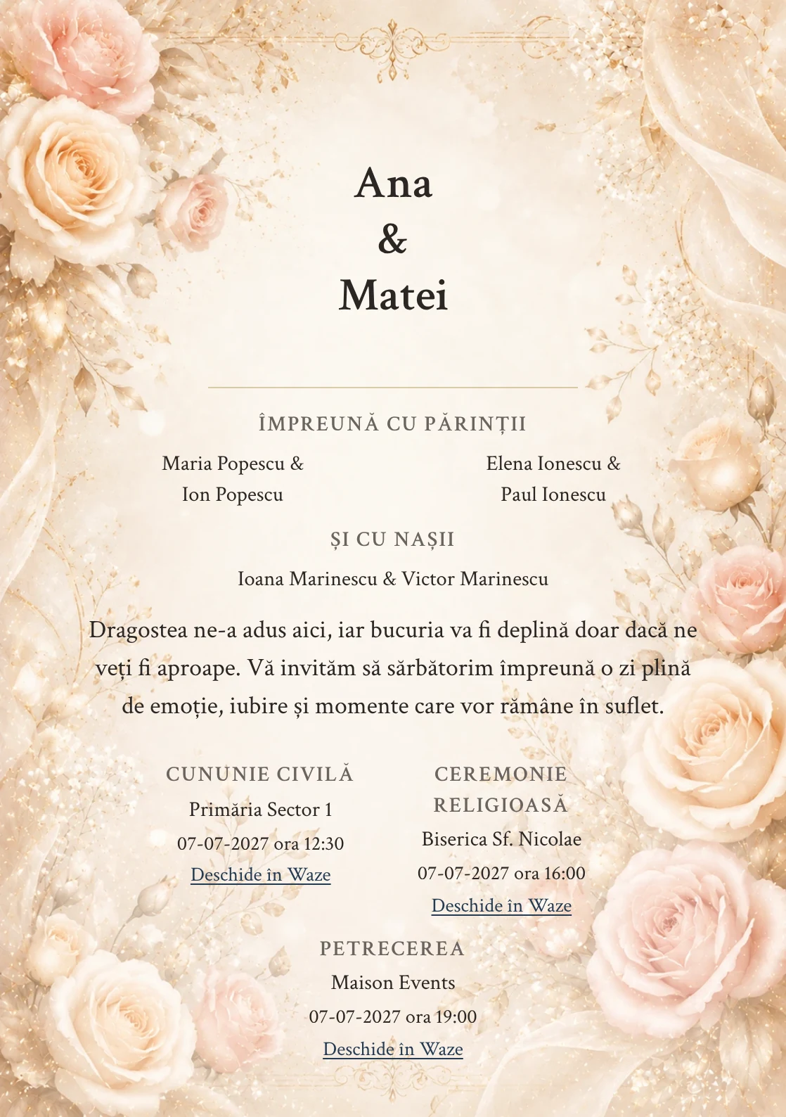 Invitație digitală de nuntă Champagne Roses, fundal cu trandafiri champagne, potrivit pentru pachetele Basic și Premium
