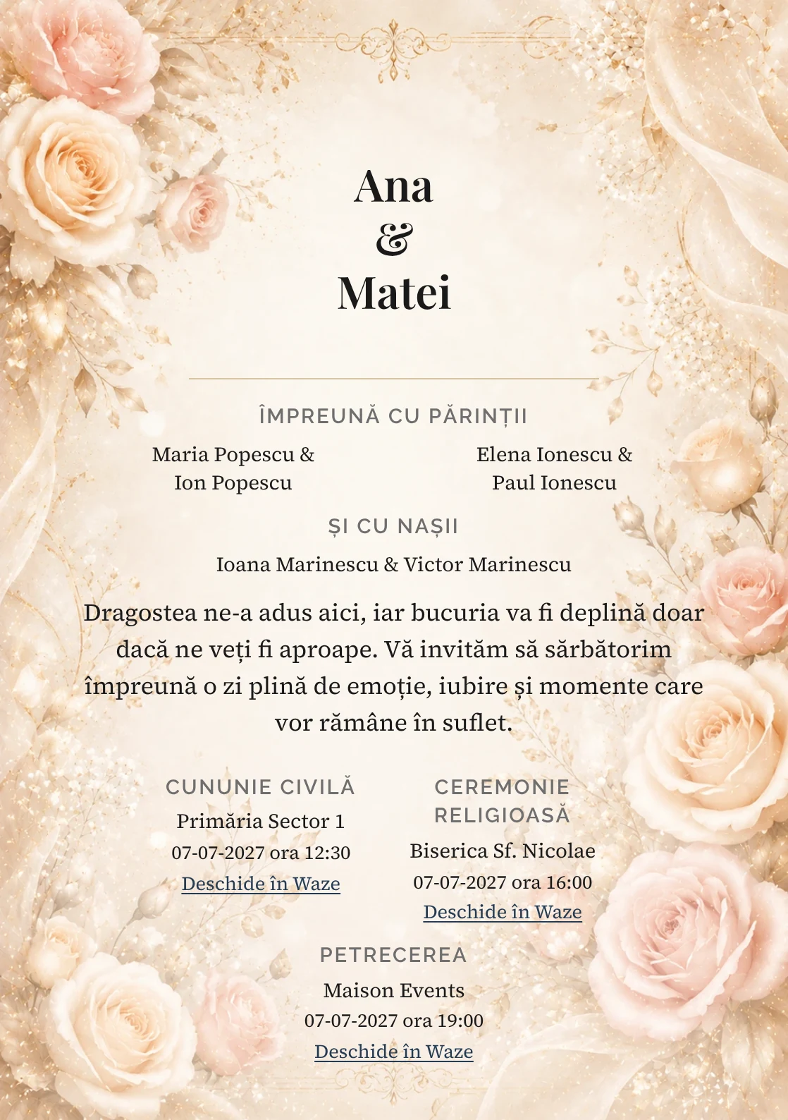 Invitație digitală de nuntă Champagne Roses, fundal cu trandafiri champagne, potrivit pentru pachetele Basic și Premium