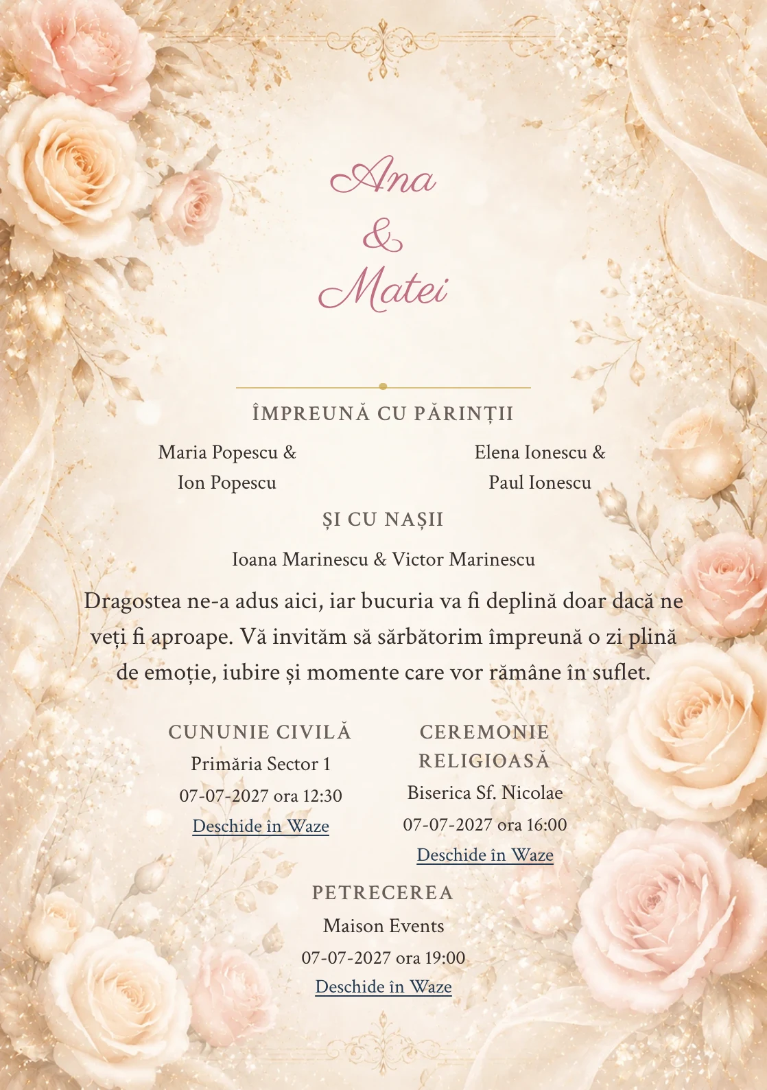 Invitație digitală de nuntă Champagne Roses, fundal cu trandafiri champagne, potrivit pentru pachetele Basic și Premium