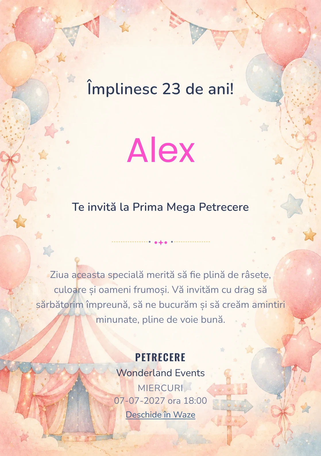 Invitație digitală de zi de naștere Circul Vesel, fundal pastel cu cort de circ pastel, baloane și stele