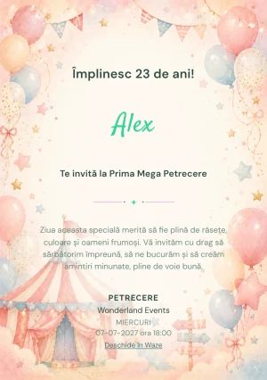 Invitație digitală de zi de naștere Circul Vesel, fundal pastel cu cort de circ pastel, baloane și stele