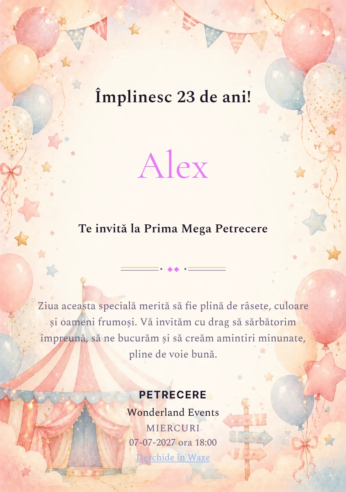 Invitație digitală de zi de naștere Circul Vesel, fundal pastel cu cort de circ pastel, baloane și stele