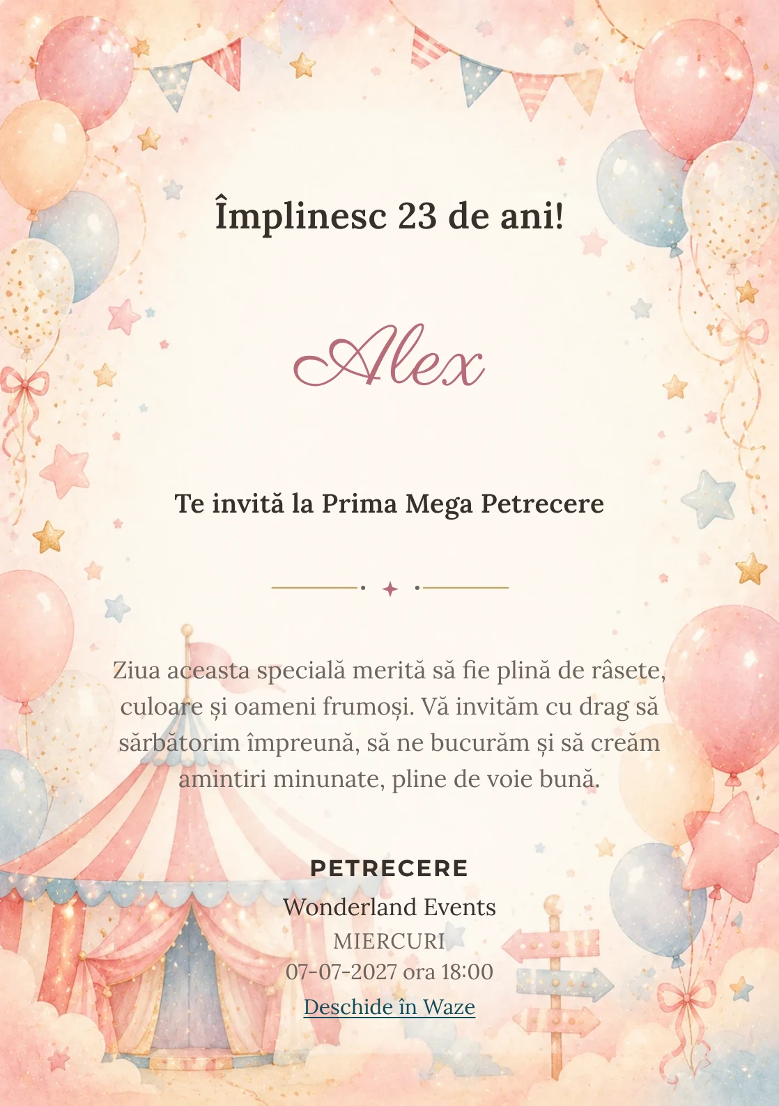 Invitație digitală de zi de naștere Circul Vesel, fundal pastel cu cort de circ pastel, baloane și stele