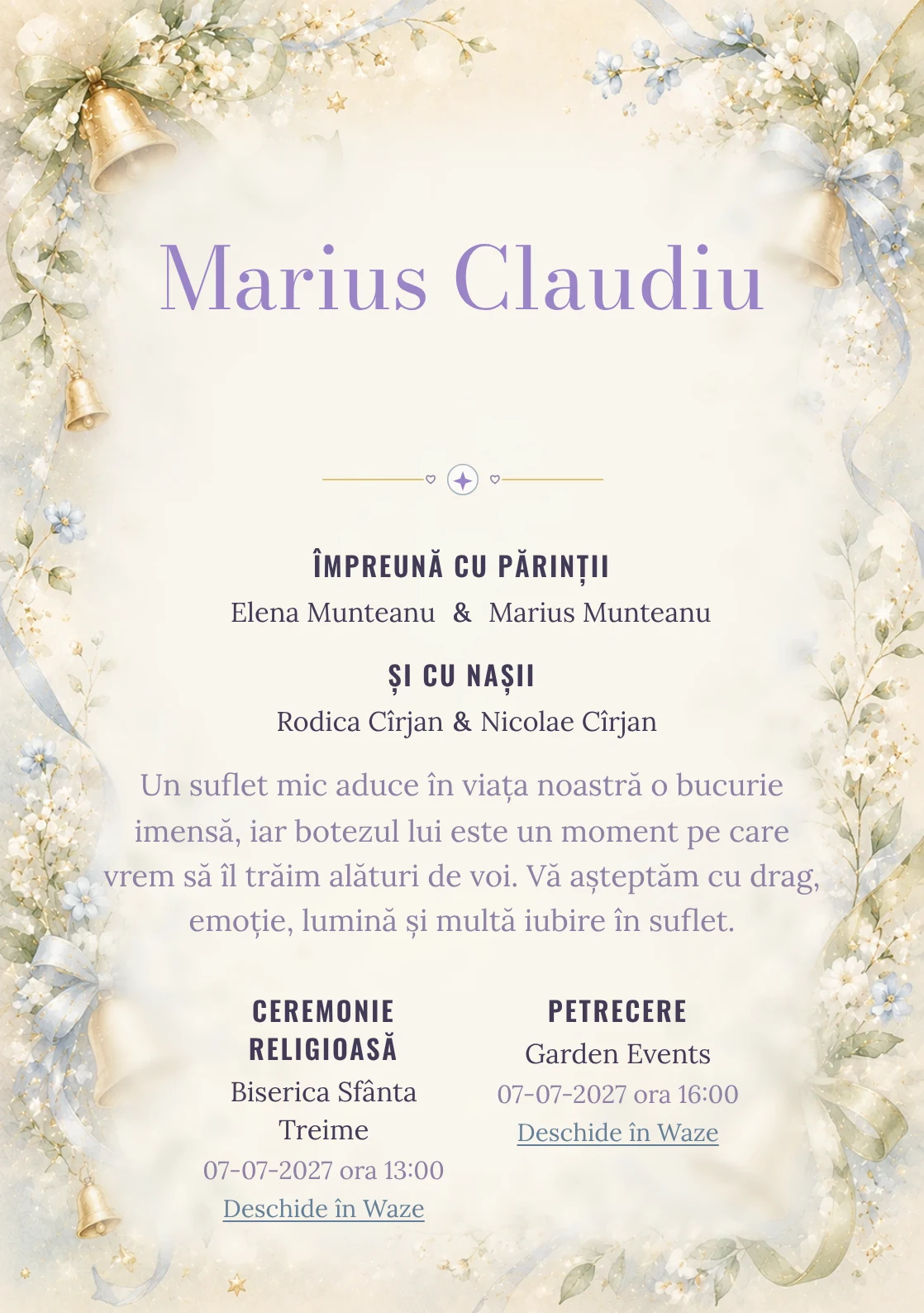 Invitație digitală de botez Clopoțel de Aur, fundal cu clopoței mici aurii, panglici delicate, flori miniaturale și verde-crem și centru luminos pentru text
