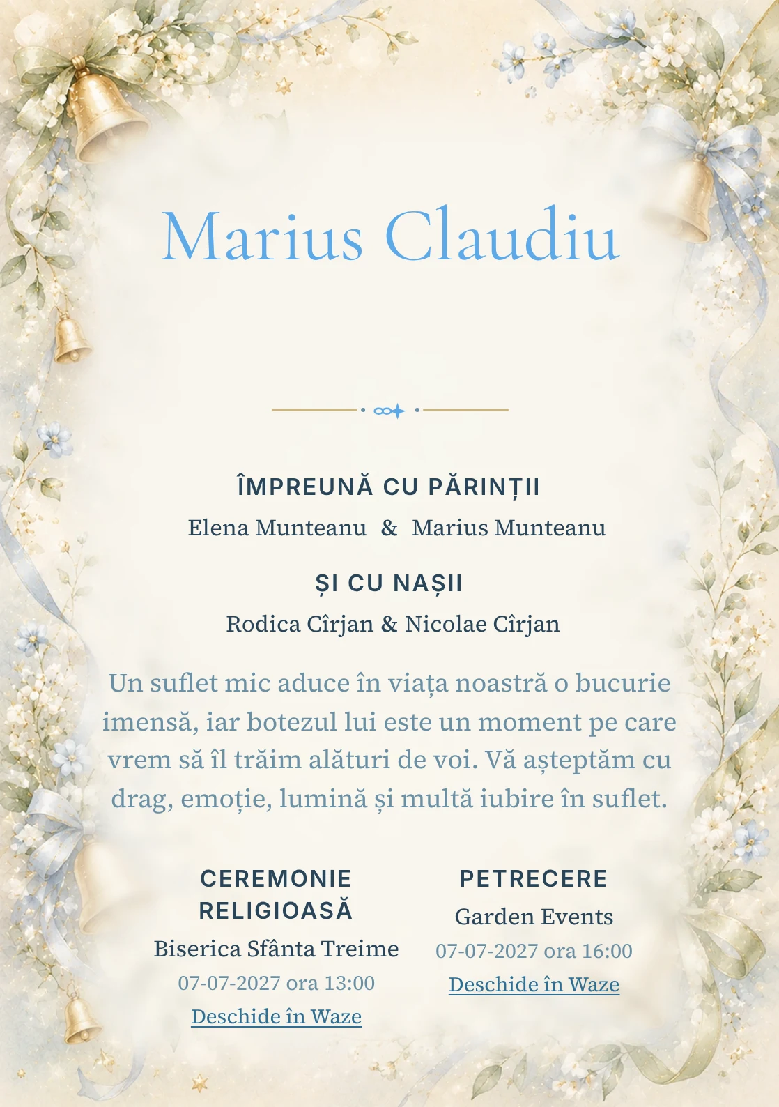 Invitație digitală de botez Clopoțel de Aur, fundal cu clopoței mici aurii, panglici delicate, flori miniaturale și verde-crem și centru luminos pentru text