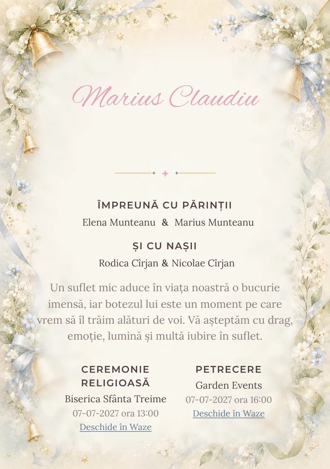 Invitație digitală de botez Clopoțel de Aur, fundal cu clopoței mici aurii, panglici delicate, flori miniaturale și verde-crem și centru luminos pentru text