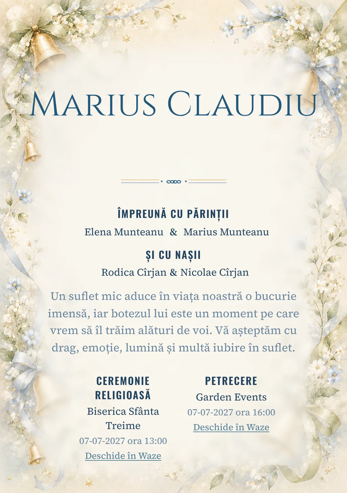 Invitație digitală de botez Clopoțel de Aur, fundal cu clopoței mici aurii, panglici delicate, flori miniaturale și verde-crem și centru luminos pentru text