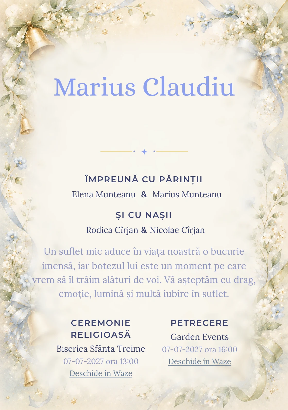 Invitație digitală de botez Clopoțel de Aur, fundal cu clopoței mici aurii, panglici delicate, flori miniaturale și verde-crem și centru luminos pentru text