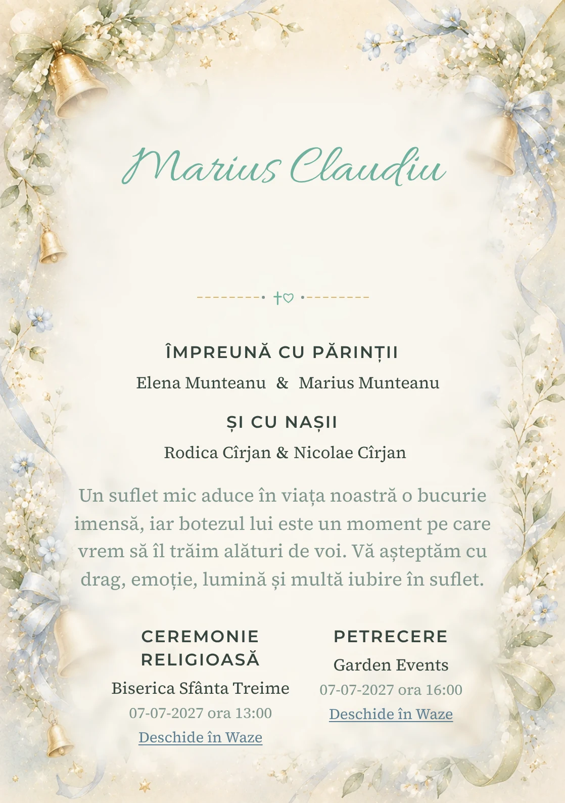Invitație digitală de botez Clopoțel de Aur, fundal cu clopoței mici aurii, panglici delicate, flori miniaturale și verde-crem și centru luminos pentru text