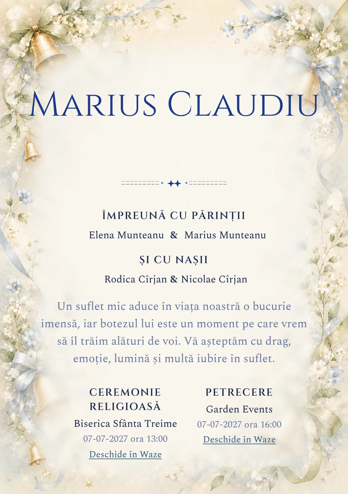 Invitație digitală de botez Clopoțel de Aur, fundal cu clopoței mici aurii, panglici delicate, flori miniaturale și verde-crem și centru luminos pentru text