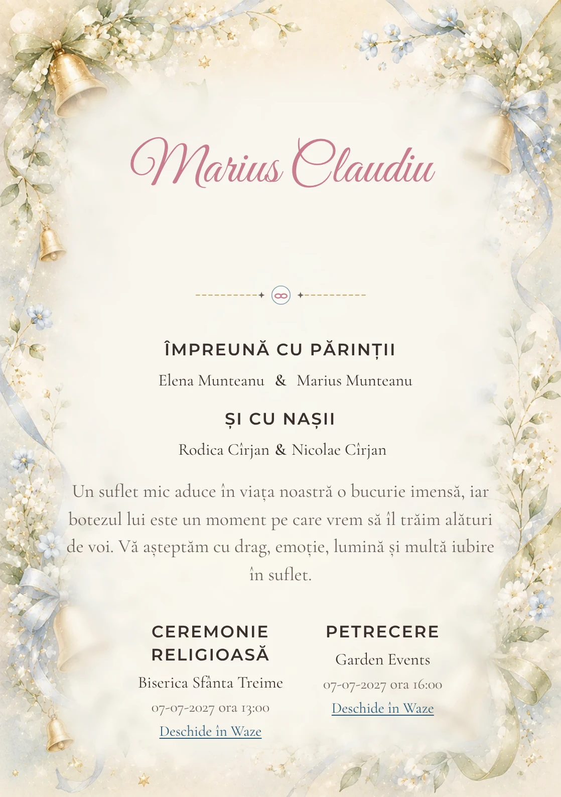 Invitație digitală de botez Clopoțel de Aur, fundal cu clopoței mici aurii, panglici delicate, flori miniaturale și verde-crem și centru luminos pentru text