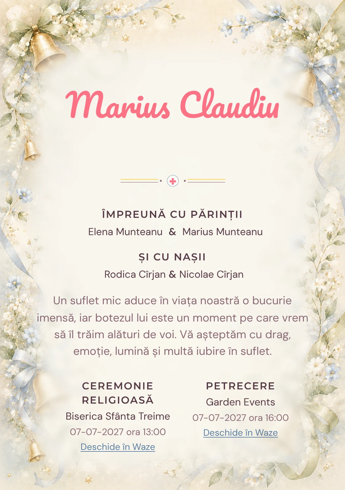 Invitație digitală de botez Clopoțel de Aur, fundal cu clopoței mici aurii, panglici delicate, flori miniaturale și verde-crem și centru luminos pentru text