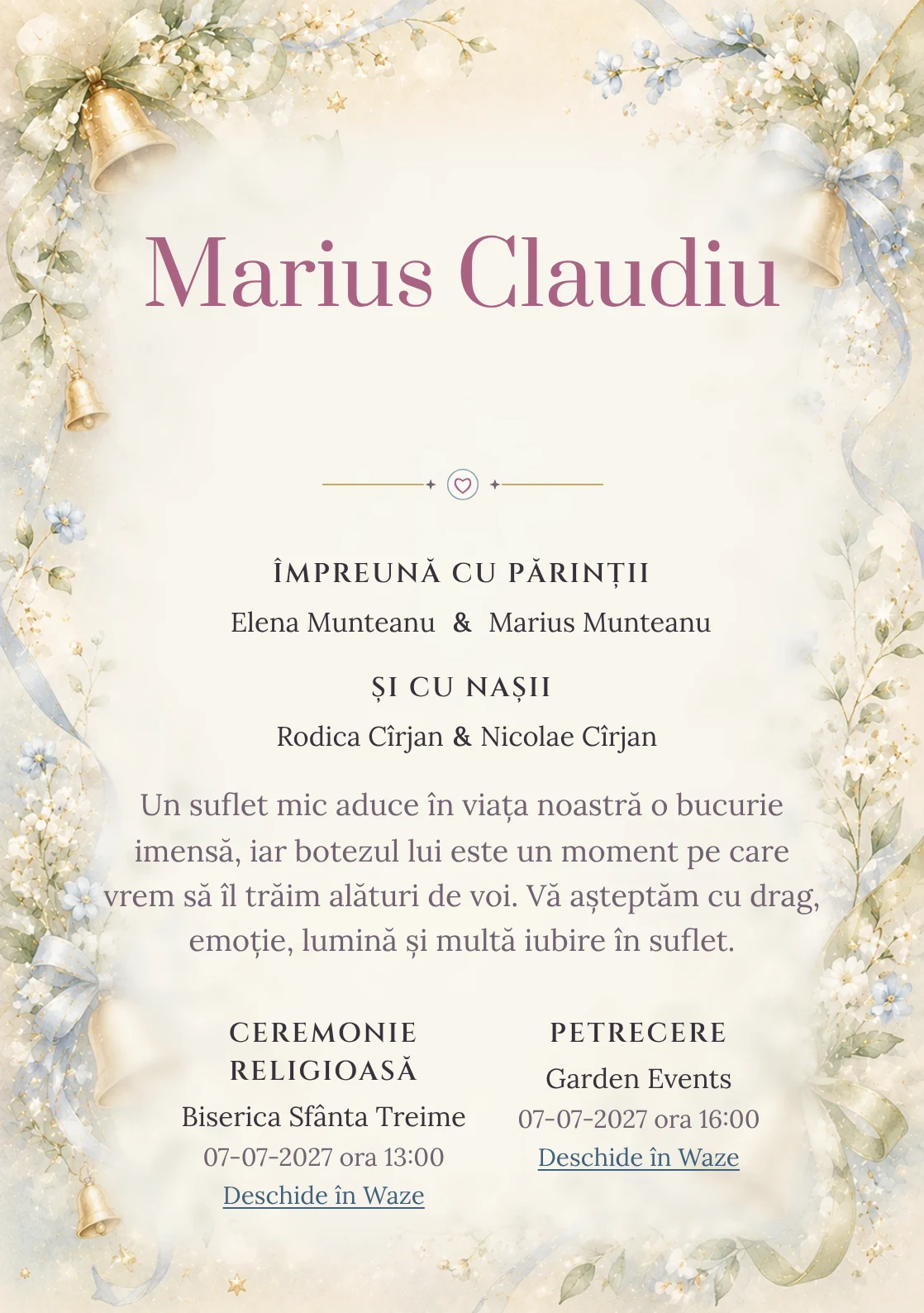 Invitație digitală de botez Clopoțel de Aur, fundal cu clopoței mici aurii, panglici delicate, flori miniaturale și verde-crem și centru luminos pentru text