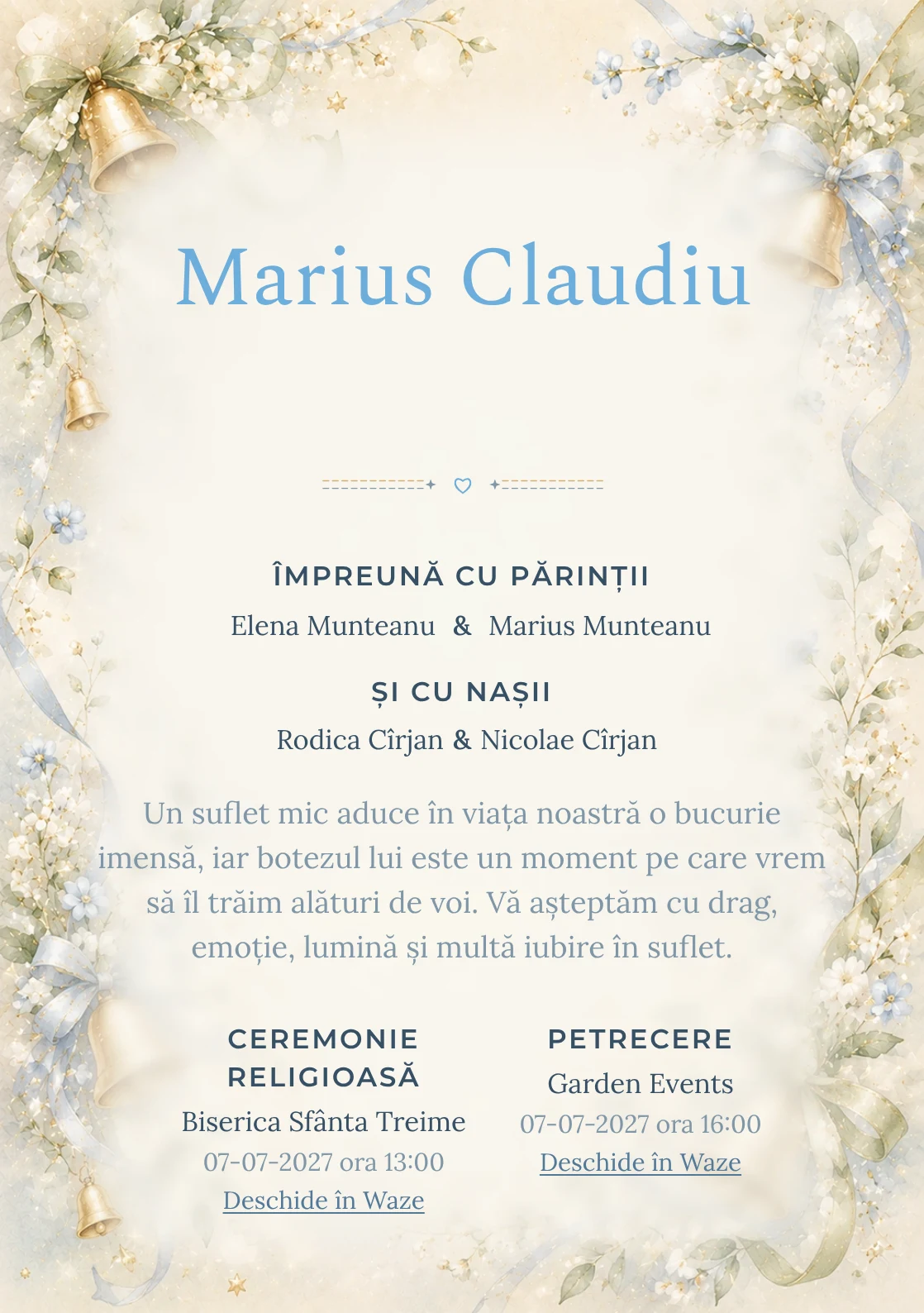 Invitație digitală de botez Clopoțel de Aur, fundal cu clopoței mici aurii, panglici delicate, flori miniaturale și verde-crem și centru luminos pentru text