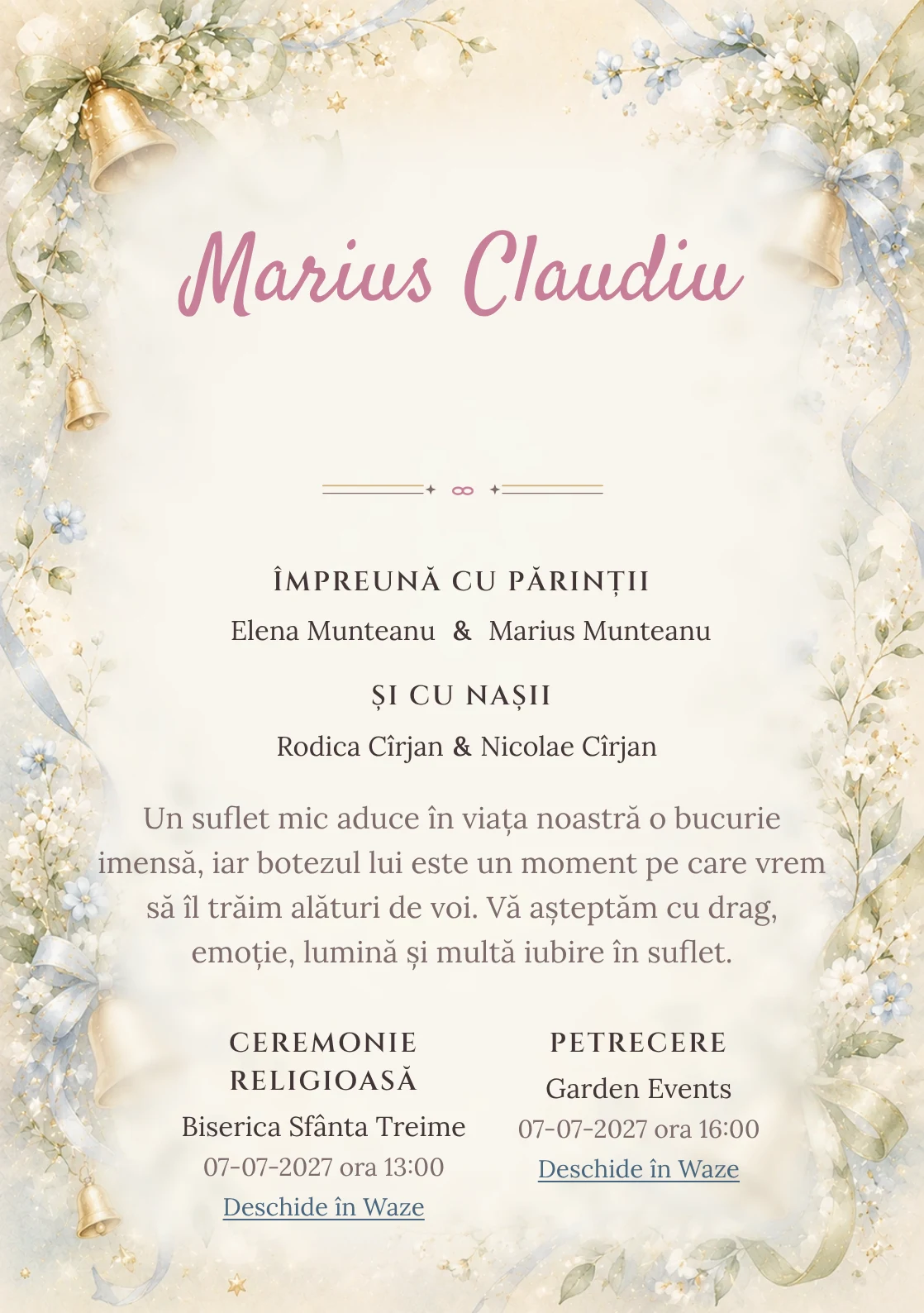 Invitație digitală de botez Clopoțel de Aur, fundal cu clopoței mici aurii, panglici delicate, flori miniaturale și verde-crem și centru luminos pentru text