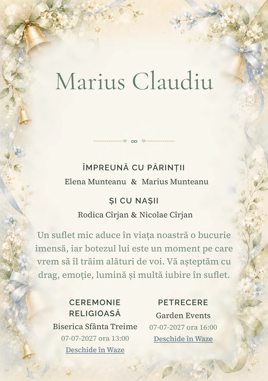 Invitație digitală de botez Clopoțel de Aur, fundal cu clopoței mici aurii, panglici delicate, flori miniaturale și verde-crem și centru luminos pentru text