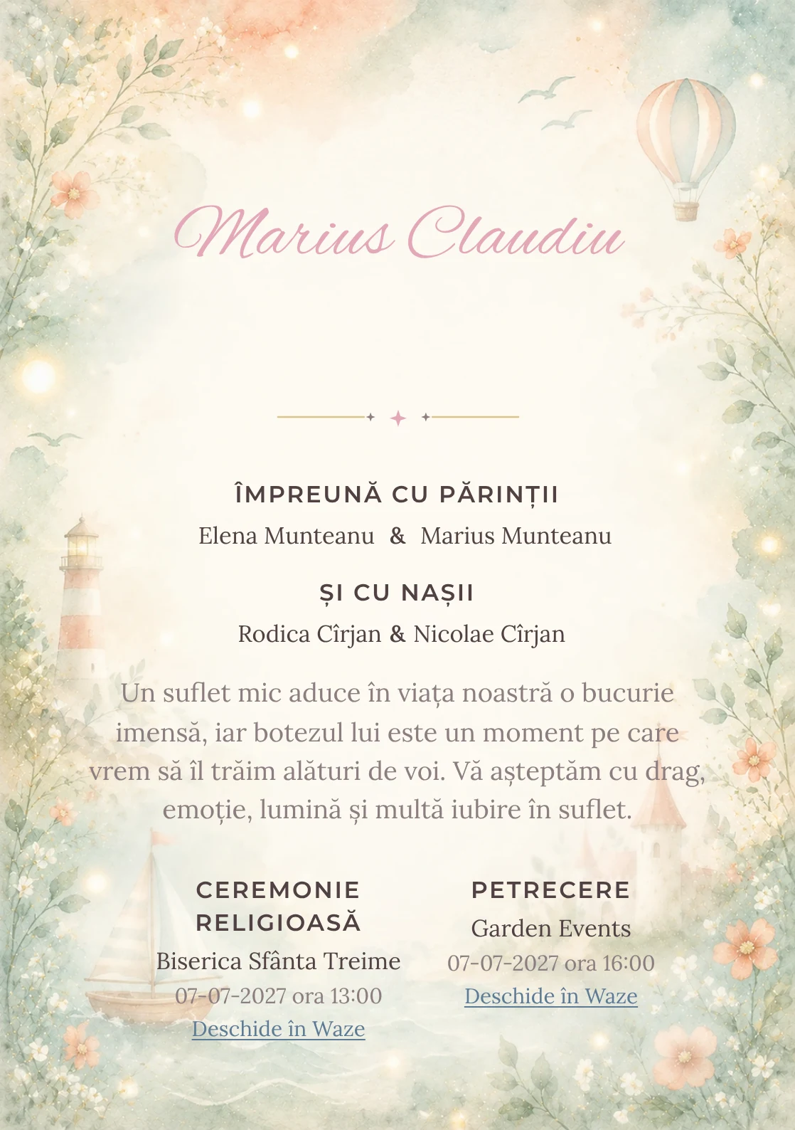 Invitație digitală de botez Coral de Poveste, fundal cu accente coral pastel, turcoaz pal, forme narative, flori miniaturale și lumini soft și centru luminos pentru text