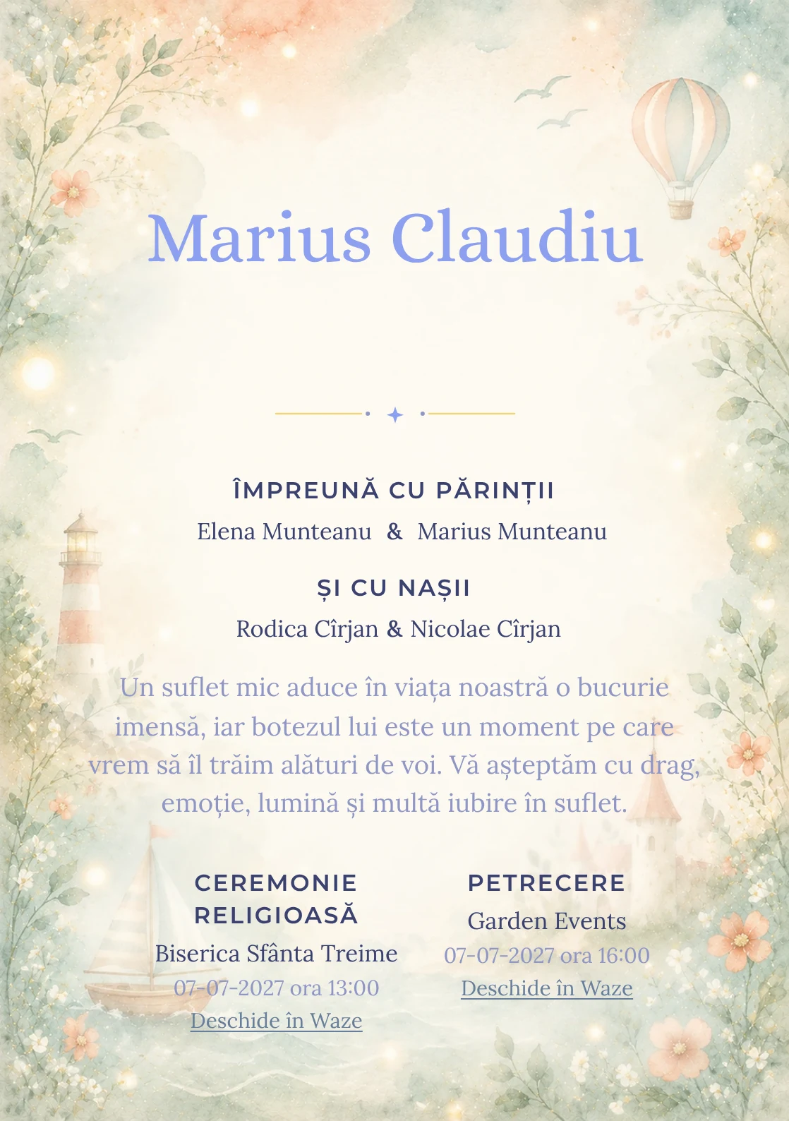 Invitație digitală de botez Coral de Poveste, fundal cu accente coral pastel, turcoaz pal, forme narative, flori miniaturale și lumini soft și centru luminos pentru text