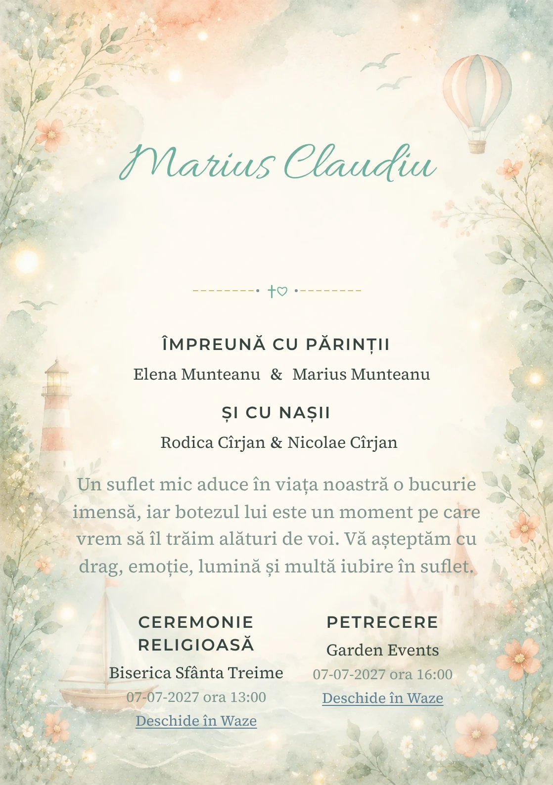 Invitație digitală de botez Coral de Poveste, fundal cu accente coral pastel, turcoaz pal, forme narative, flori miniaturale și lumini soft și centru luminos pentru text