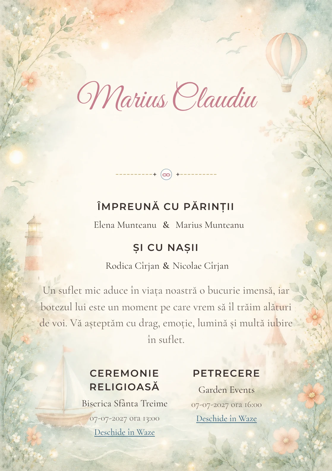 Invitație digitală de botez Coral de Poveste, fundal cu accente coral pastel, turcoaz pal, forme narative, flori miniaturale și lumini soft și centru luminos pentru text