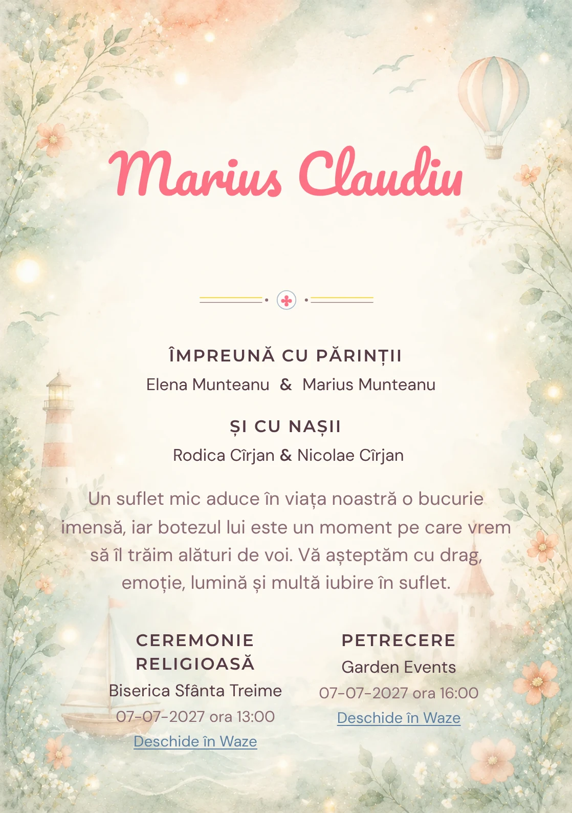Invitație digitală de botez Coral de Poveste, fundal cu accente coral pastel, turcoaz pal, forme narative, flori miniaturale și lumini soft și centru luminos pentru text