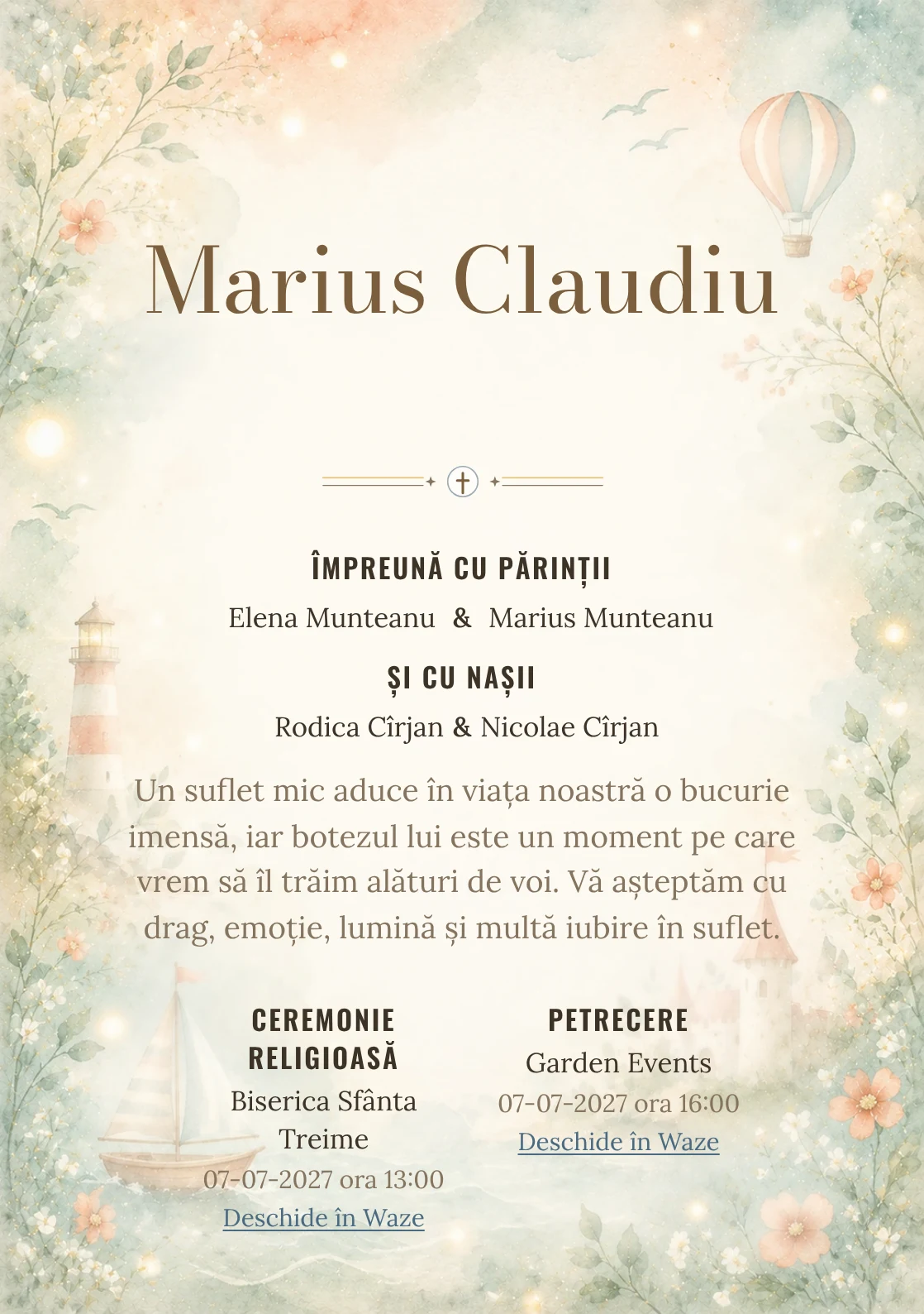 Invitație digitală de botez Coral de Poveste, fundal cu accente coral pastel, turcoaz pal, forme narative, flori miniaturale și lumini soft și centru luminos pentru text