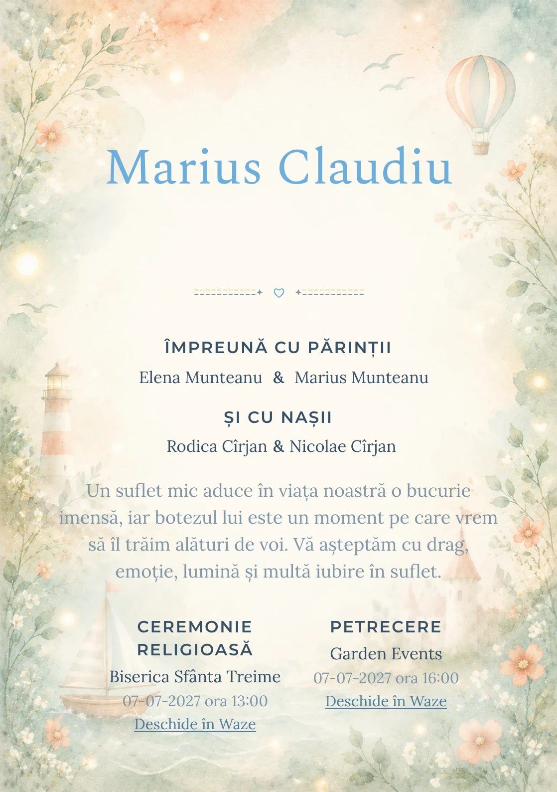 Invitație digitală de botez Coral de Poveste, fundal cu accente coral pastel, turcoaz pal, forme narative, flori miniaturale și lumini soft și centru luminos pentru text