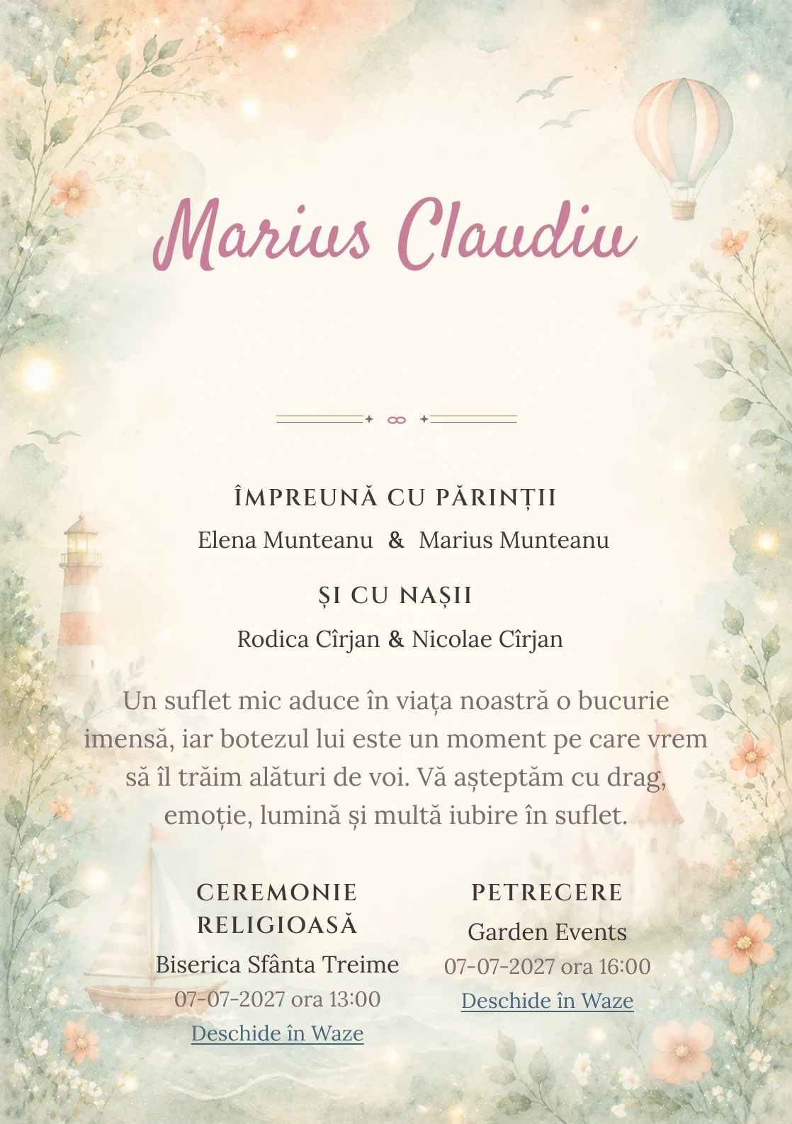 Invitație digitală de botez Coral de Poveste, fundal cu accente coral pastel, turcoaz pal, forme narative, flori miniaturale și lumini soft și centru luminos pentru text