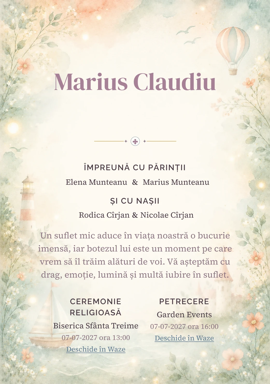 Invitație digitală de botez Coral de Poveste, fundal cu accente coral pastel, turcoaz pal, forme narative, flori miniaturale și lumini soft și centru luminos pentru text