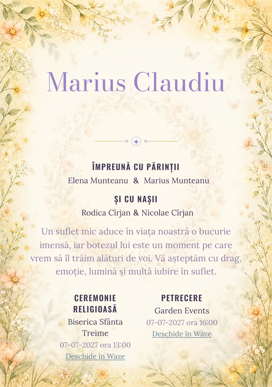 Invitație digitală de botez Cunună de Flori, fundal cu cunună florală subțire, flori de câmp pastel, galben unt și piersică pal și centru luminos pentru text