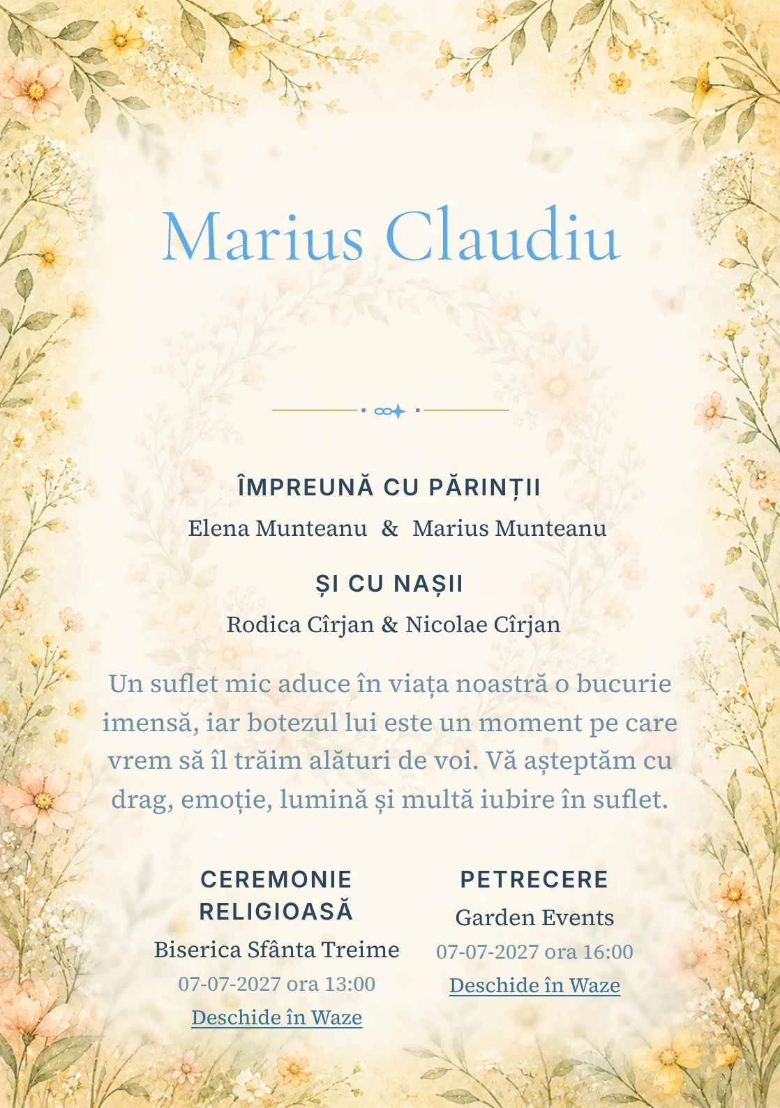 Invitație digitală de botez Cunună de Flori, fundal cu cunună florală subțire, flori de câmp pastel, galben unt și piersică pal și centru luminos pentru text