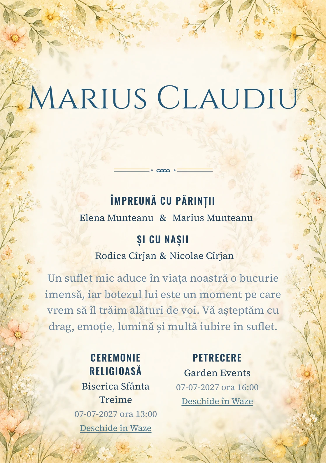 Invitație digitală de botez Cunună de Flori, fundal cu cunună florală subțire, flori de câmp pastel, galben unt și piersică pal și centru luminos pentru text