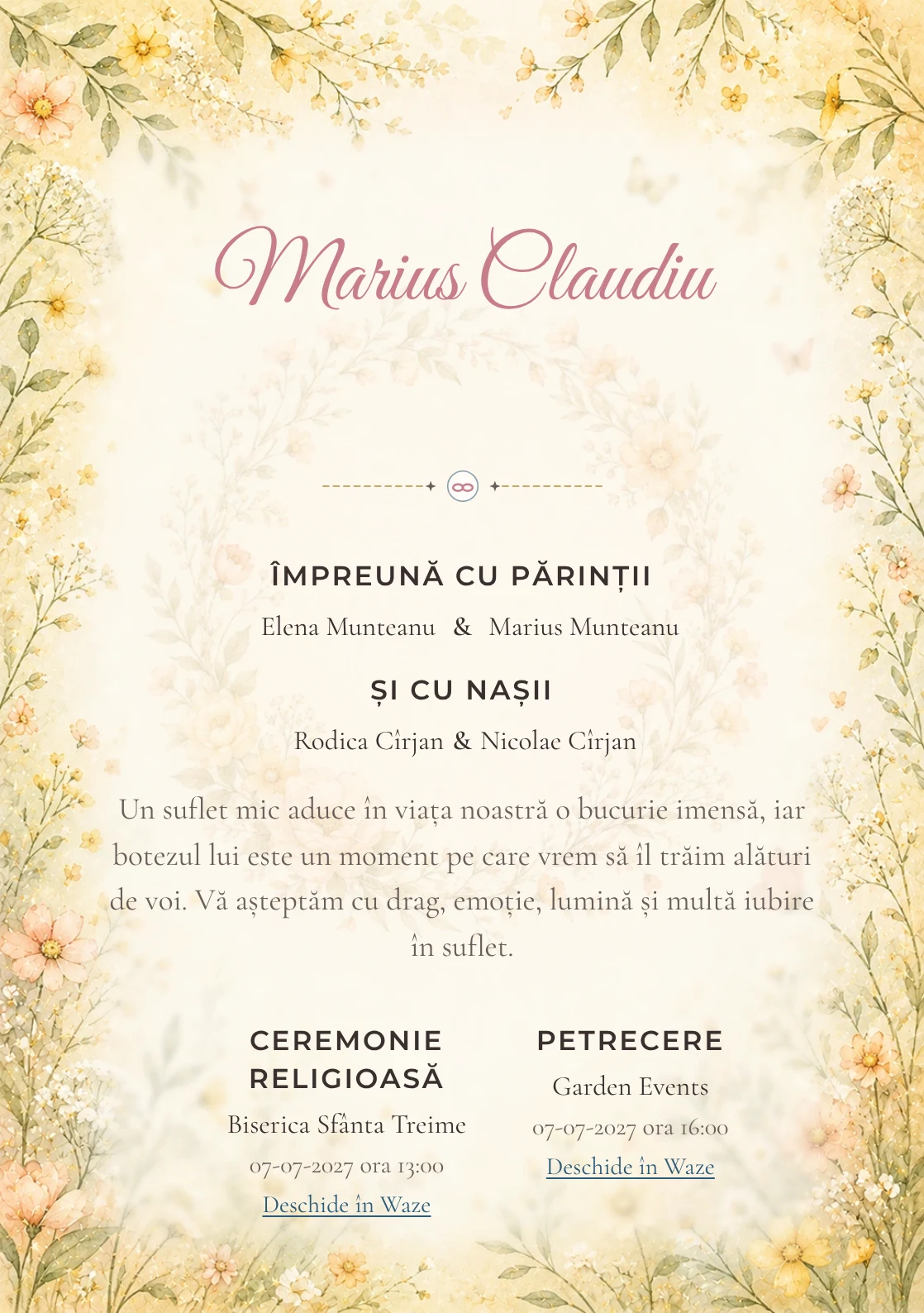Invitație digitală de botez Cunună de Flori, fundal cu cunună florală subțire, flori de câmp pastel, galben unt și piersică pal și centru luminos pentru text