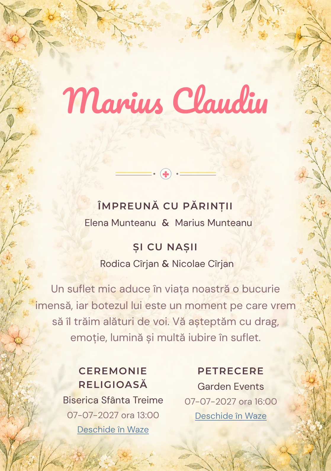 Invitație digitală de botez Cunună de Flori, fundal cu cunună florală subțire, flori de câmp pastel, galben unt și piersică pal și centru luminos pentru text
