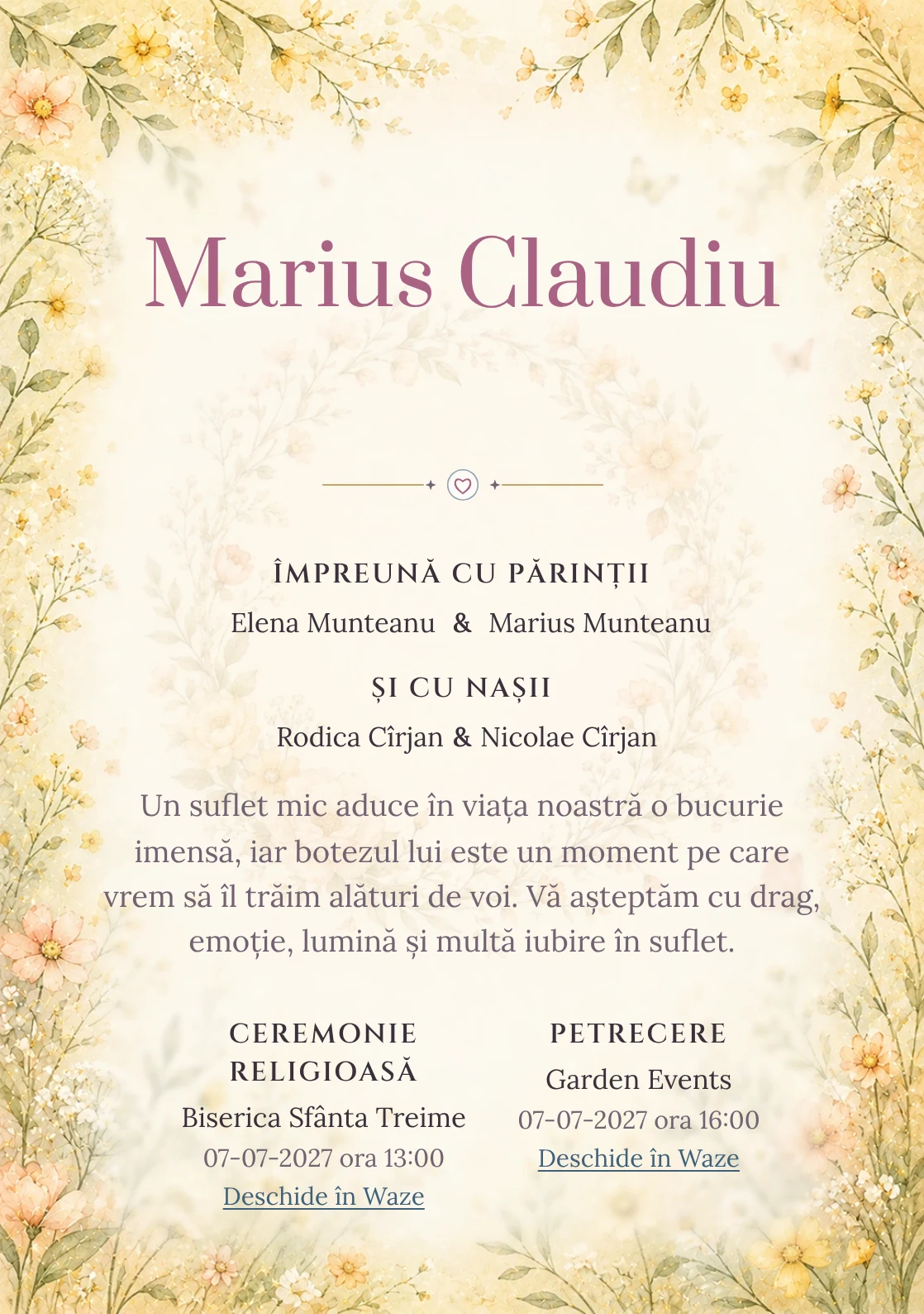 Invitație digitală de botez Cunună de Flori, fundal cu cunună florală subțire, flori de câmp pastel, galben unt și piersică pal și centru luminos pentru text