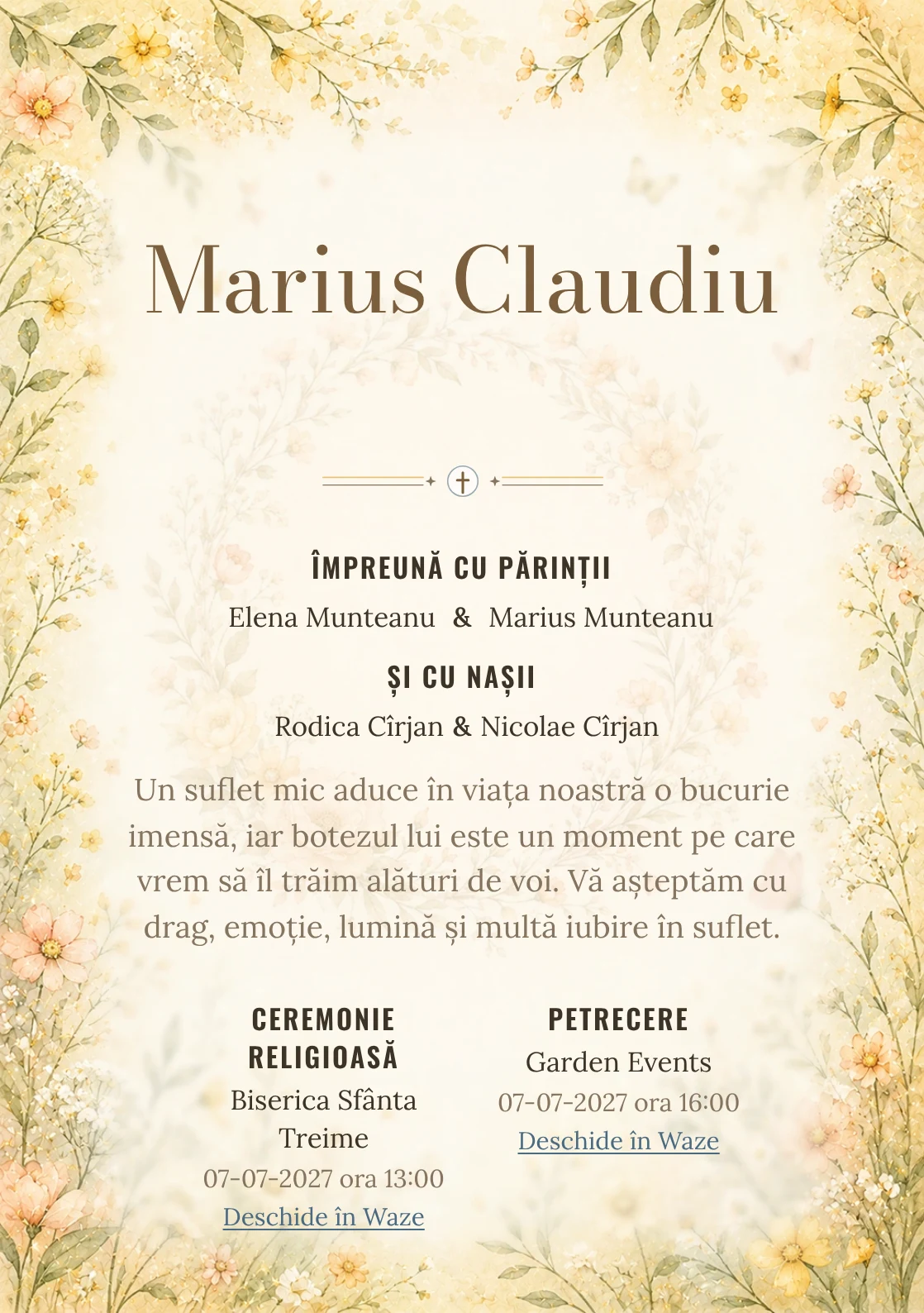 Invitație digitală de botez Cunună de Flori, fundal cu cunună florală subțire, flori de câmp pastel, galben unt și piersică pal și centru luminos pentru text