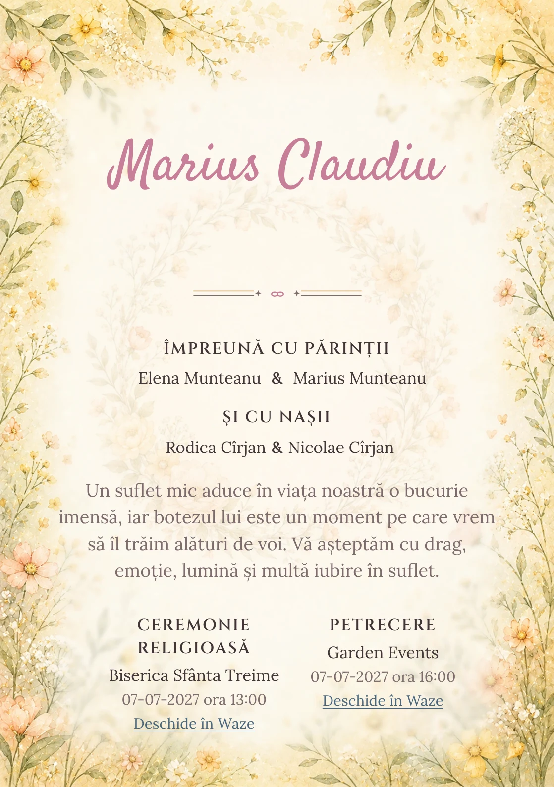 Invitație digitală de botez Cunună de Flori, fundal cu cunună florală subțire, flori de câmp pastel, galben unt și piersică pal și centru luminos pentru text