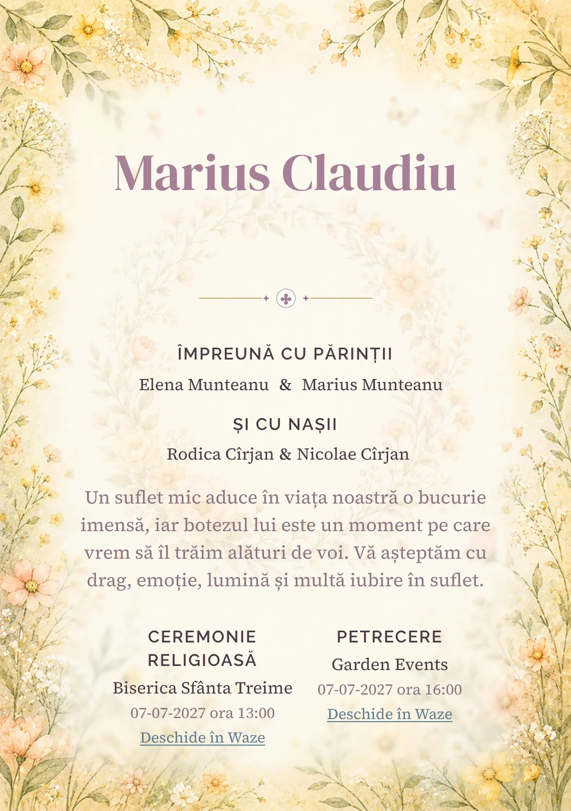 Invitație digitală de botez Cunună de Flori, fundal cu cunună florală subțire, flori de câmp pastel, galben unt și piersică pal și centru luminos pentru text