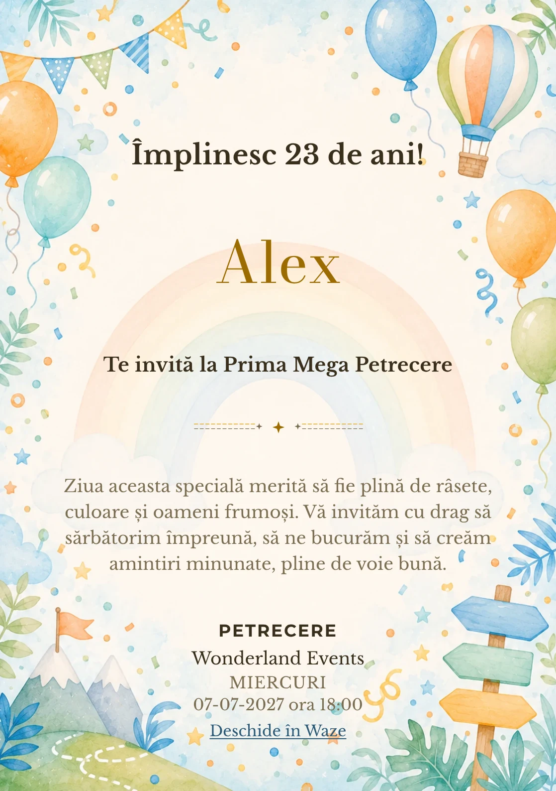 Invitație digitală de zi de naștere Curcubeu Vesel, fundal pastel cu curcubeu grafic soft, baloane și confetti