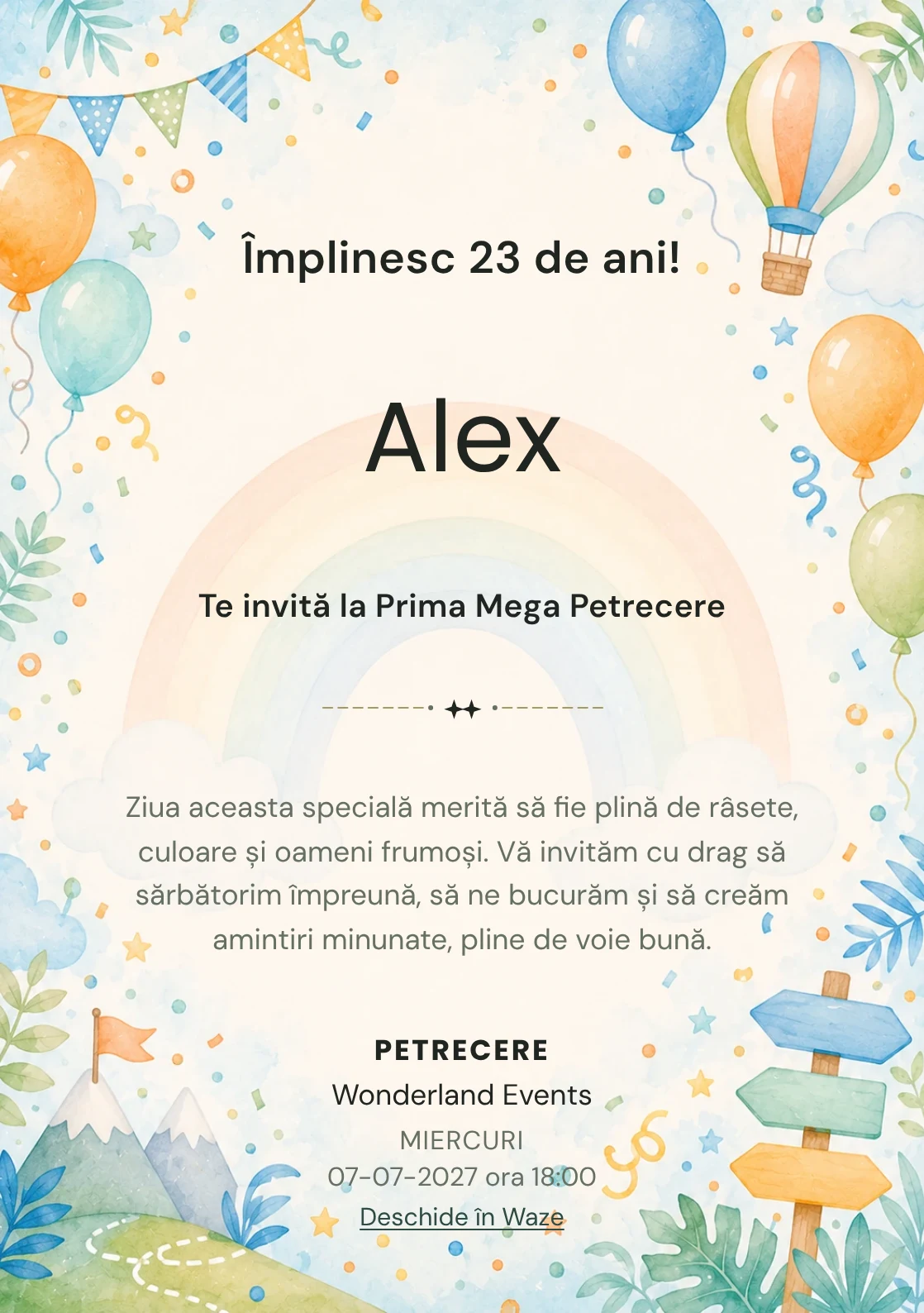 Invitație digitală de zi de naștere Curcubeu Vesel, fundal pastel cu curcubeu grafic soft, baloane și confetti