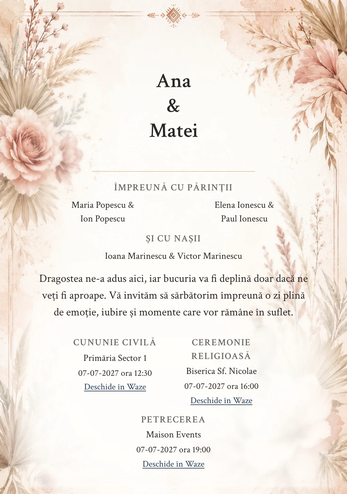 Invitație digitală de nuntă Desert Rose, fundal desert rose boho, potrivit pentru pachetele Basic și Premium