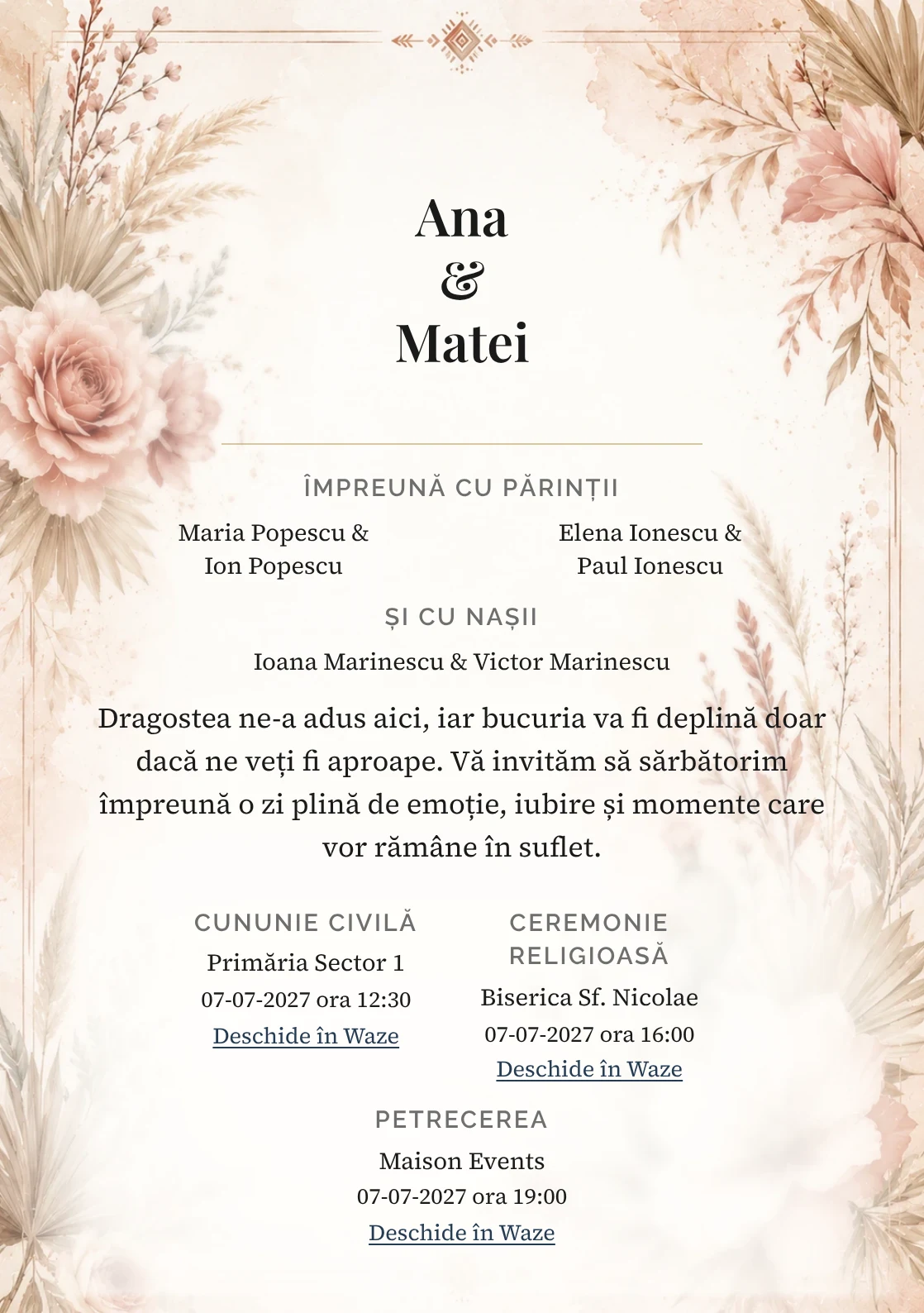 Invitație digitală de nuntă Desert Rose, fundal desert rose boho, potrivit pentru pachetele Basic și Premium