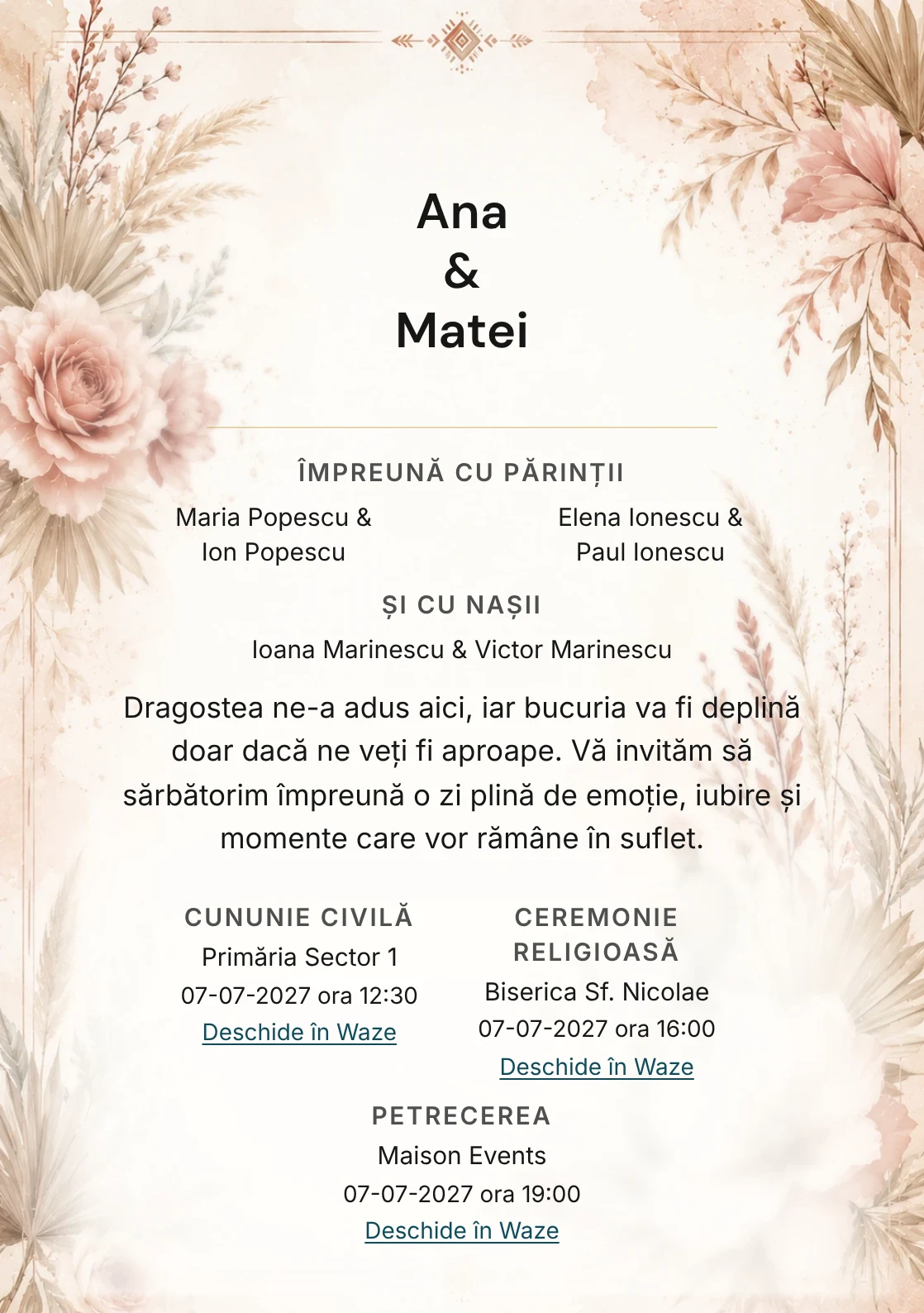 Invitație digitală de nuntă Desert Rose, fundal desert rose boho, potrivit pentru pachetele Basic și Premium